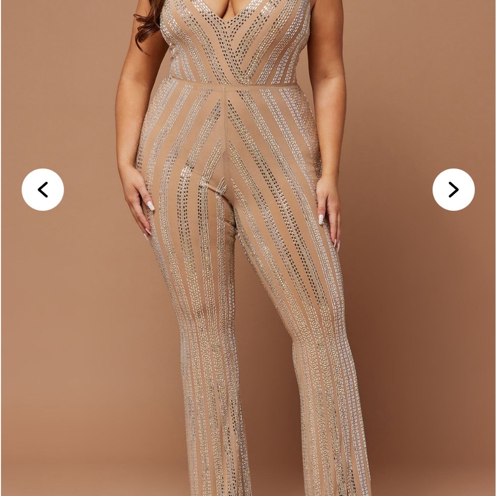 Tan and Silver Jumpsuit with Plunging V-Neck and Wide-Leg Pants